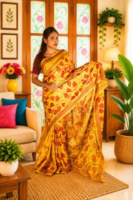 Yellow Pure Semi Silk Kanthastitch Saree From Bengal
