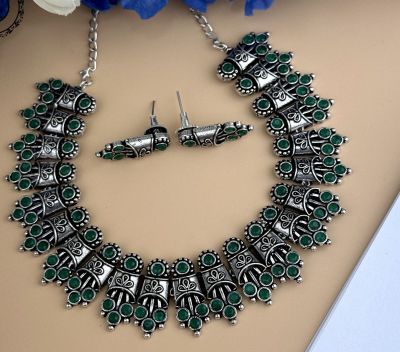 Silver Pure Oxidised Necklace With Green Stone Jewellery