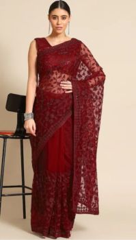 Maroon Embroidery Work Net Saree From Banaras