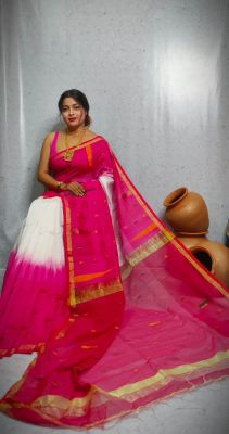 White Red Pure Handloom Cotton Saree From Bengal