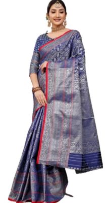 Blue Gray Pure Handloom Banarasi Silk Saree From Banaras
