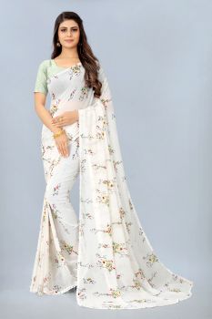 White Pure Georgette With Enamel Printed Saree