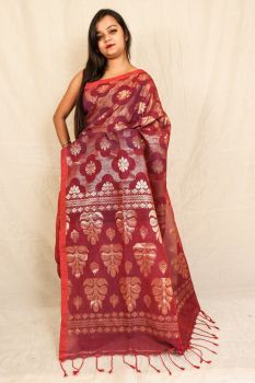 Cotton linen jarry jamdani saree