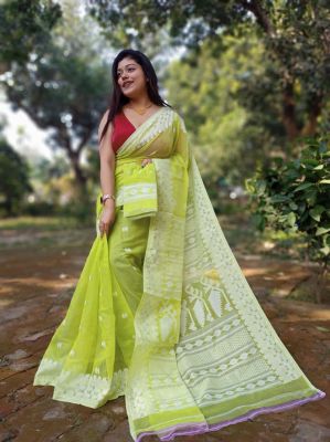 Parrot Green Pure Handloom Dhakai Jamdani Saree From Bengal