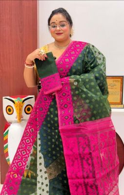 Green Pink Pure Handloom Dhakai Jamdani Saree From Bengal