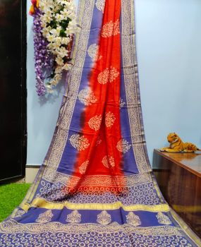 Red Light Blue Hand Block Printed Pure Handloom Chiffon Silk Saree
