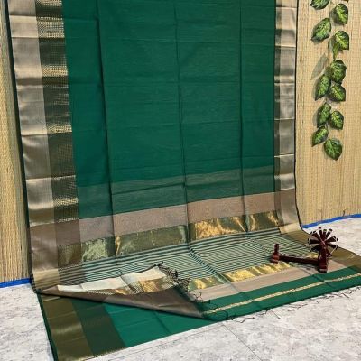 Dark Green Pure Handloom Silk Saree From Bengal