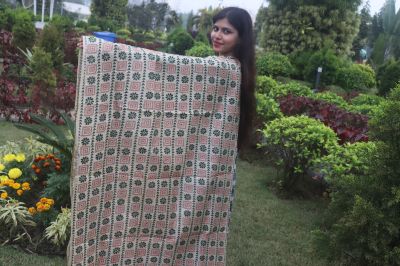 Cream Green Kantha stitch Pure Handloom Dupattas From Bengal