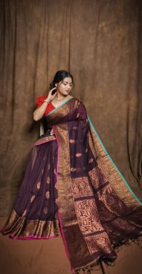 Wine Berry Pure Handloom Banarasi Silk Saree From Bengal