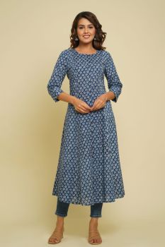 BLUE FLOWER PRINTED FLARED COTTON KURTI