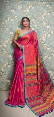 Persian Red Pure Handloom Tissue Silk Saree From Bengal