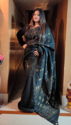 Black Pure Handloom Linen By Linen Saree From Bengal