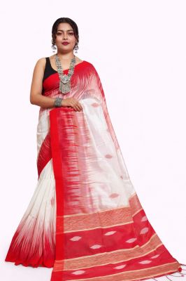 White Red Ikkat Silk Cotton Pure Handloom Saree From Bengal