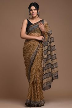 Milk Chocolate Kota Doriya Printed Leaf Design Saree