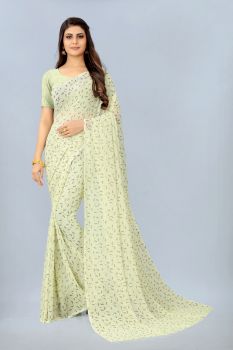 Beige Pure Georgette With Enamel Printed Saree