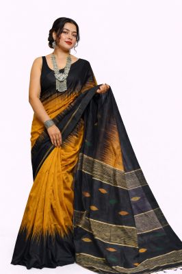 Mustard Yellow Ikkat Silk Cotton Pure Handloom Saree From Bengal