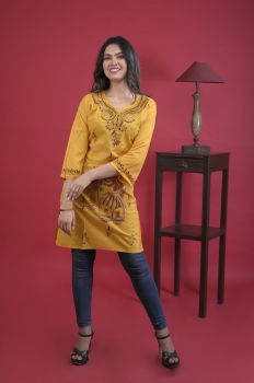 Women Yellow Kantha Stitch Top