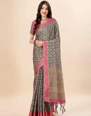 Greyish Green Pure Handloom Silk Cotton Saree From Banaras