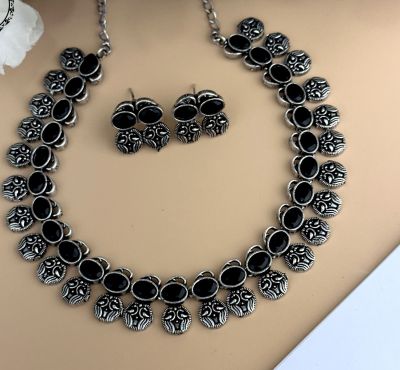 Silver Pure Oxidised Necklace With Black Stone Jewellery