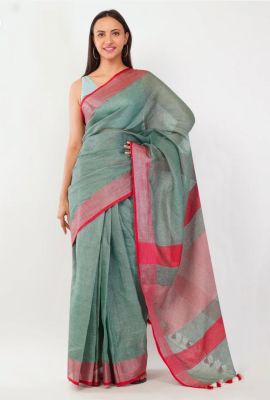 Gray Pure Handloom Tissue Linen Saree From Bihar