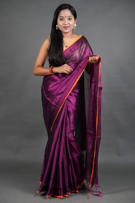 Purple Pure Handloom Tissue Silk Saree From Bengal