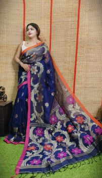Blue Pure Handloom Organic Linen By Linen Saree From Bengal