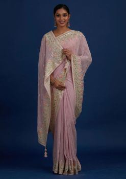 Light Pink Mirror Work Embroidery Georgette Saree