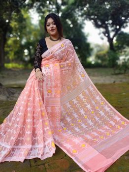 Rose Pure Handloom Dhakai Jamdani Saree From Bengal