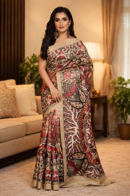 Bhagalpur Handloom Pure Tussar Silk Madhubani Painting Ethnic Handmade Silk Saree