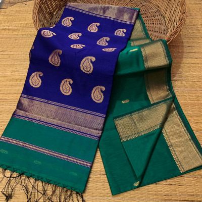 Blue Green Pure Handloom Meheshwari Silk Cotton Saree From Bengal