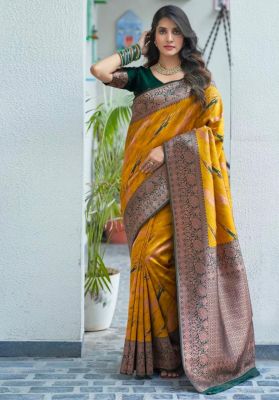 Mustard Pure Handloom Banarasi Silk Saree From Banaras