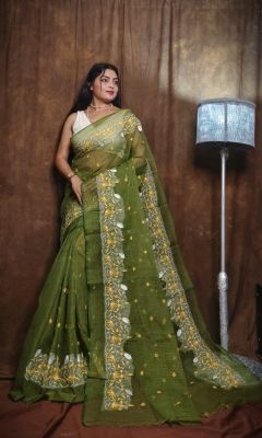 Mehandi Green Pure Handloom Resham Dhakai Jamdani Saree From Bengal