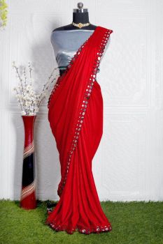 Red Plain Body Embroidery Work Satin Saree