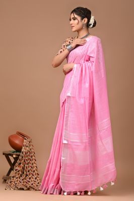 Pink Pure Handloom Linen Cotton Saree From Bengal