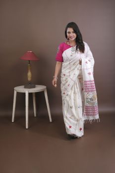 White Pure Handloom Katha Stitch Saree From Bengal