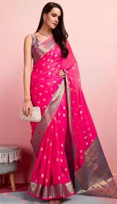 Dark Pink Pure Handloom Silk Saree From Banaras