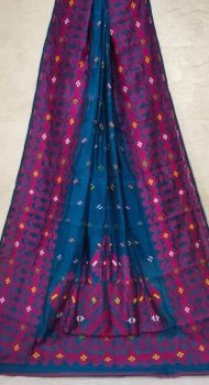 Teal Blue Butta Design Pure Handloom Soft Dhakai Jamdani Saree