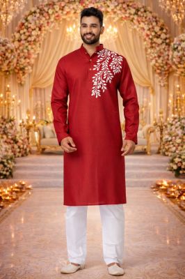 Red Cotton Stylish Ethnic Printed Kurta Pyjama Set Festive Special Men’s Ethnic Wear