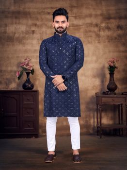 Men Blue Zodiac Cotton Kurta Mirror Work Original kurta