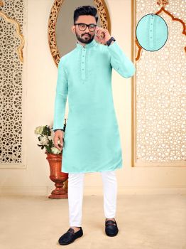 Men Light Blue Silk Embroidery Work Neck Pattern kurta