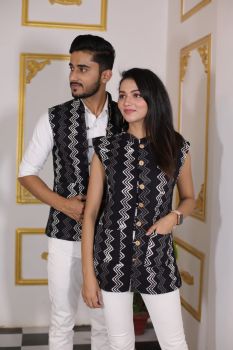 Black White Pure Hand Block Printed Cotton Jacket Couple Set