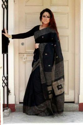 Black Pure Handloom Silk Cotton Saree From Bengal
