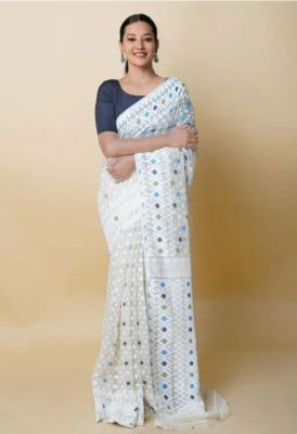 White Pure Handloom Dhakai Jamdani Saree From Bengal