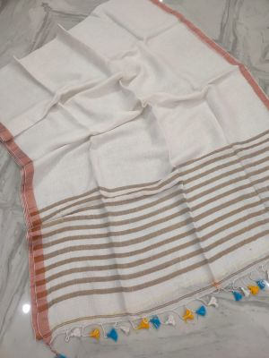 White Pure Handloom Linen By Linen Saree From Bengal