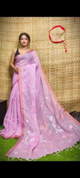 Light Purple Pure Handloom Linen By Linen Saree From Bengal