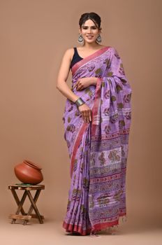 Light Lavender Pure Handloom Linen Cotton Saree From Bihar