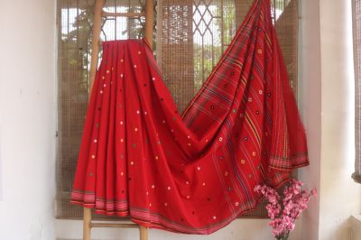 Red Butta Pure Cotton Saree From Assam