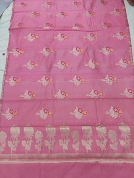 Pink Flower Design Mercerized Cotton Saree From Banaras