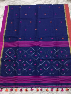 Navy Blue Pure Handloom Linen By Linen Saree From Bengal