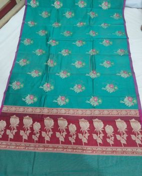 Persian Green Flower Design Mercerized Cotton Saree From Banaras
